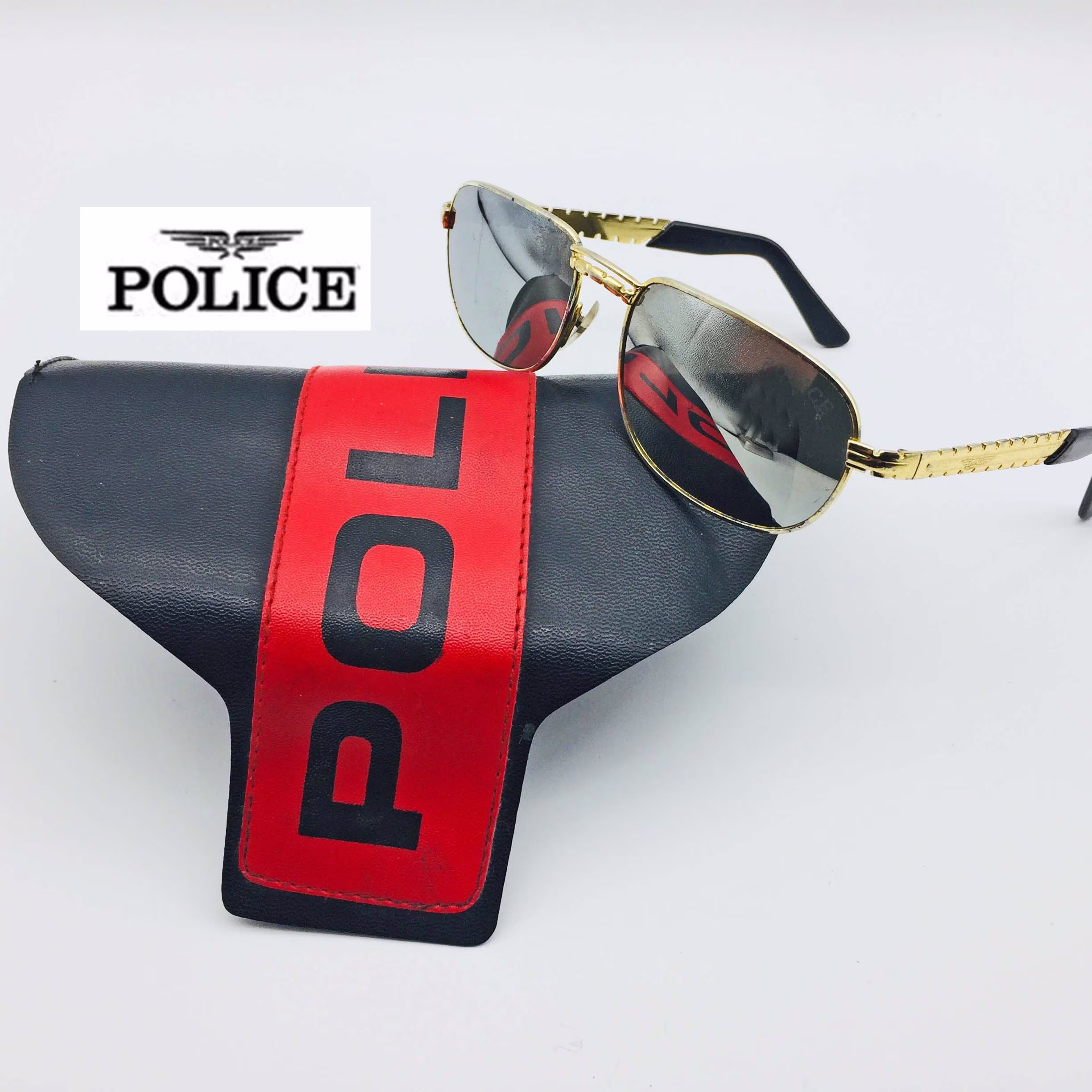 Men's Police Sunglasses & Case. Gold Metal Frames. Mirror 100% Uv Protection Lenses. Designer Logo. Vintage Fashion Eyewear Retro Glasses