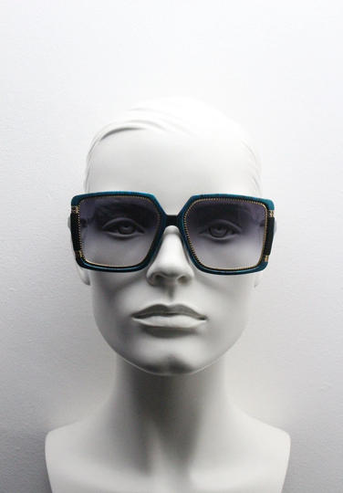 Ted Lapidus Paris 80S Vintage Sunglasses Model 1505. Abstract Patterned Turquoise & Black Square Frame With Sultry Graduated Lenses. Nos