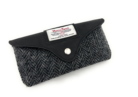 Harris Tweed Grey Herringbone Glasses Case Fully Lined With Button Closure Unisex 9 cm X 18 3.5
