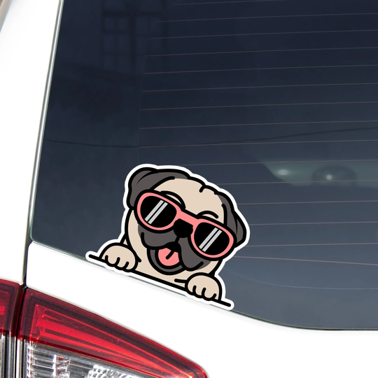 Pug With Sunglasses Car Decal Sticker/Bumper Window Laptop Vinyl Waterproof Peeking Dog Paws Up Weather Resistant | Outdoor + Indoor
