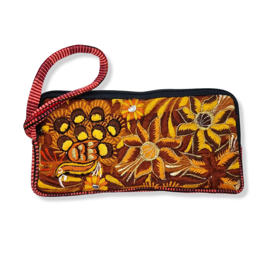 Embroidered Eyeglasses Case Or Phone Holder, Floral Wristlet Purse, Ethnic, Clutch, Brown Colour Boho Bag, Hippie Purse