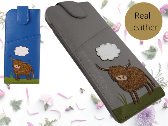 Highland Cow Glasses Case Handmade With Genuine Soft Leather - Wide Fittings