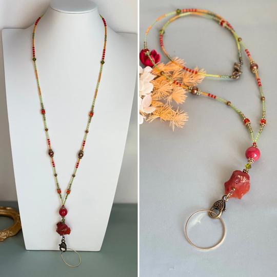 Beaded Lanyard With Aventurine Crystal- Orange Necklace - ID Card Chain Key Lanyard, Bronze Eyeglasses Accessory