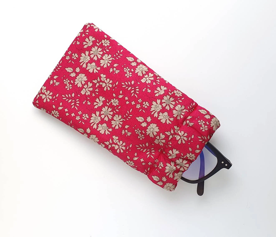 Red Liberty Print Flex Frame Glasses Case & Scrunchie Letterbox Gift Set | Handmade Sunglasses Padded Pouch, For Mum Or Grandma