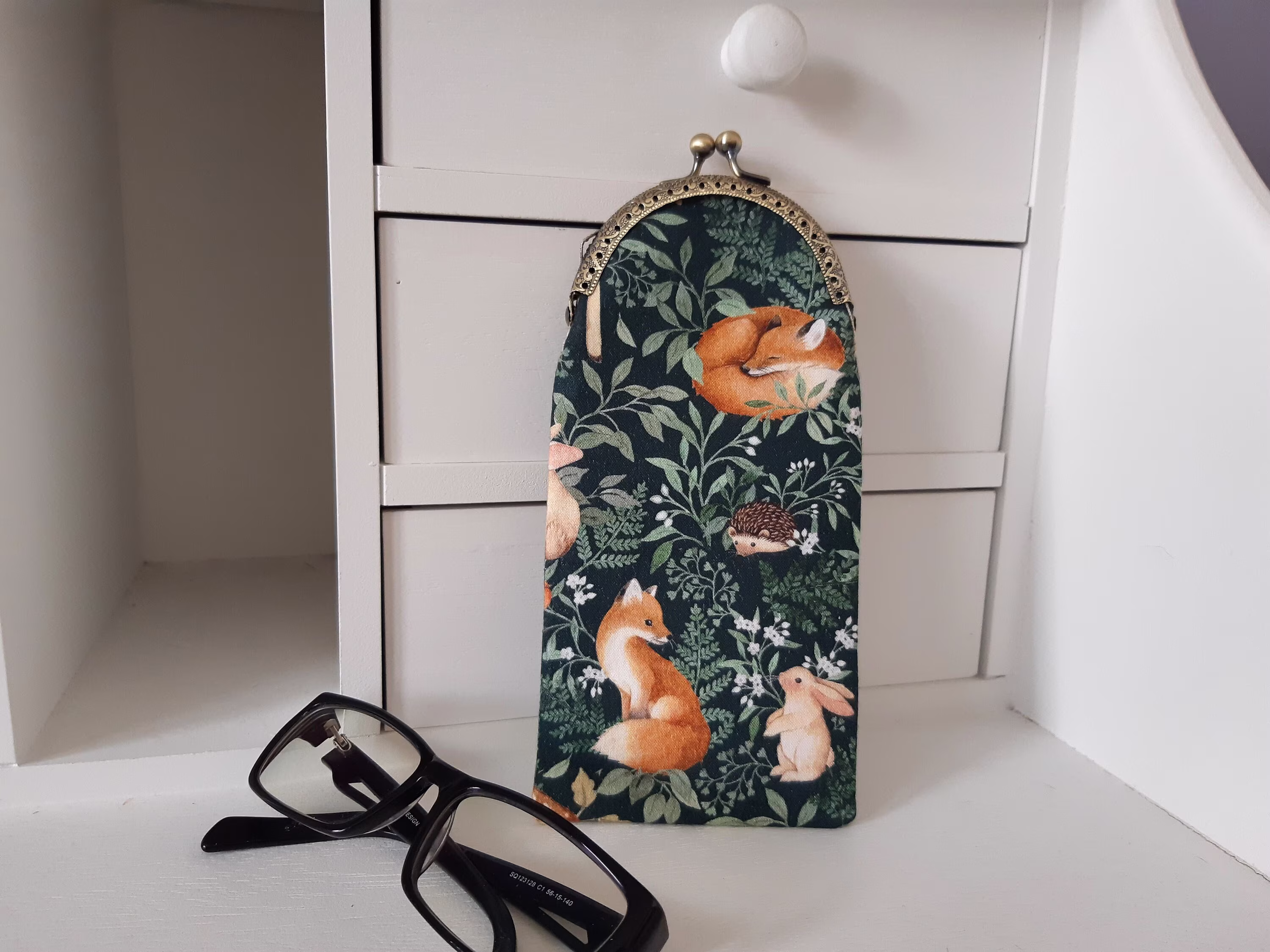 Cute Vintage Eyeglass Case With Forest Animals, Kiss Lock Case, Woodland Theme