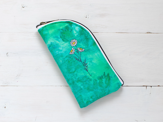 Floral Embroidered Sunglasses Pouch, Green Eyeglass Case, Fabric Zipper Soft Holder, Padded Glasses Case