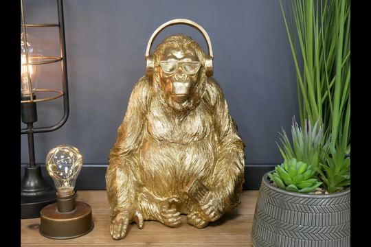 Stunning Golden Gorilla in Sunglasses & Headphones Resin Ornament - Quirky Stylish Funky Centrepiece For Any Home