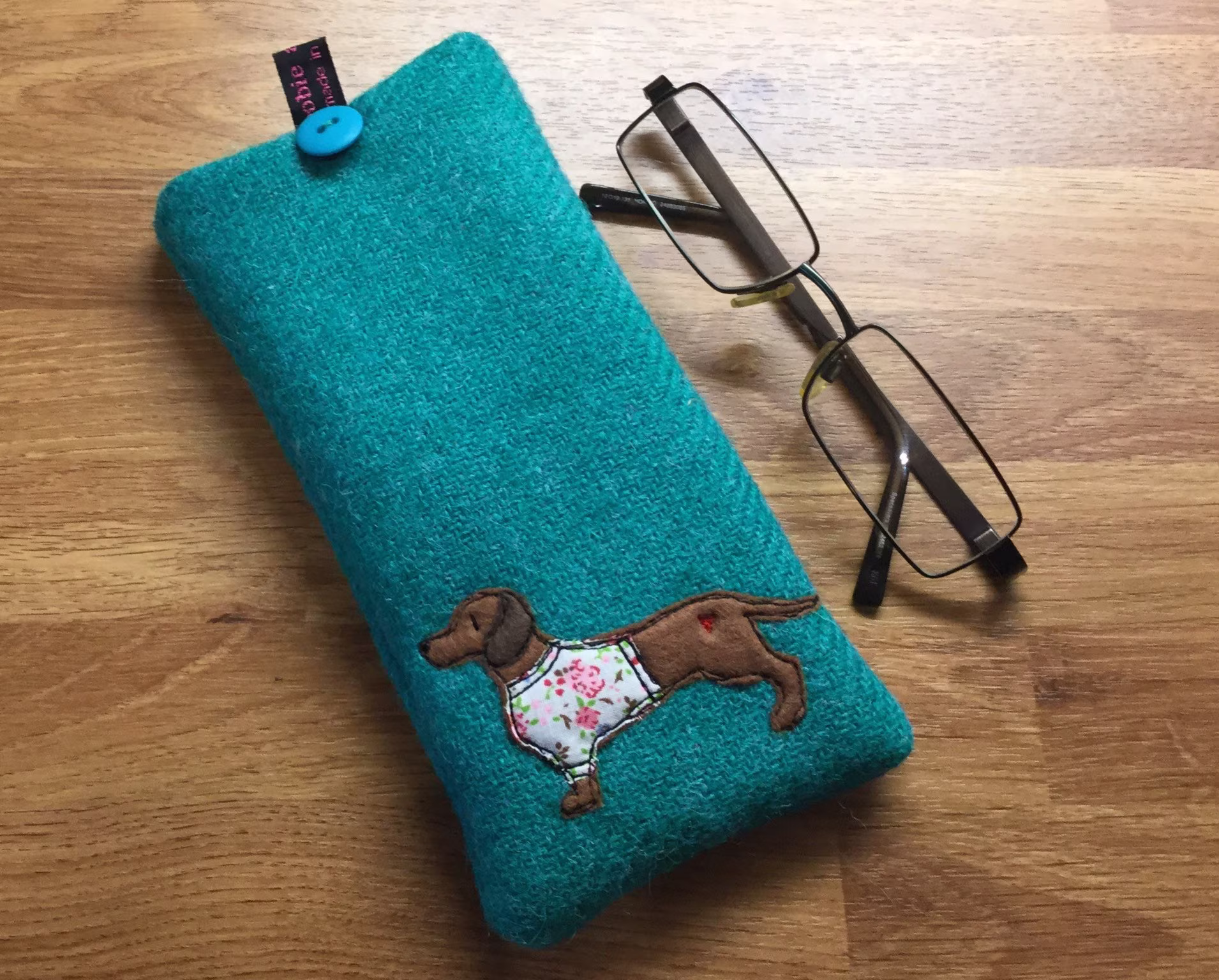 Dachshund Glasses Case, Sausage Dog Jade Harris Tweed Specs Dachshund Lover, Embroidered Doxie