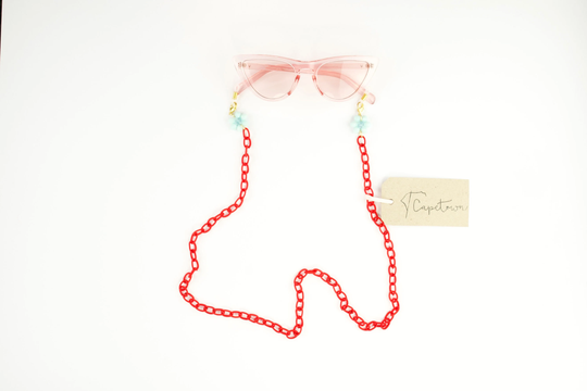 Red Mask Chain, Face Holder, Sunglasses Hot Redt Holder With Beaded Blue Daisies Trend Accessories, Handmade