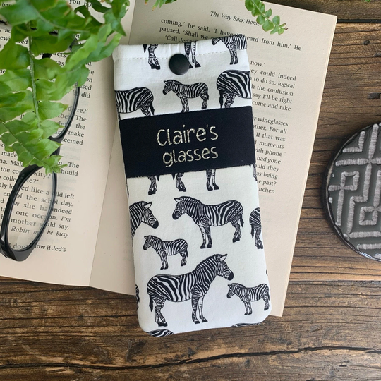 Personalised Zebra Fabric Glasses Case Handmade Animal Print Snap Pouch With Free UK Delivery