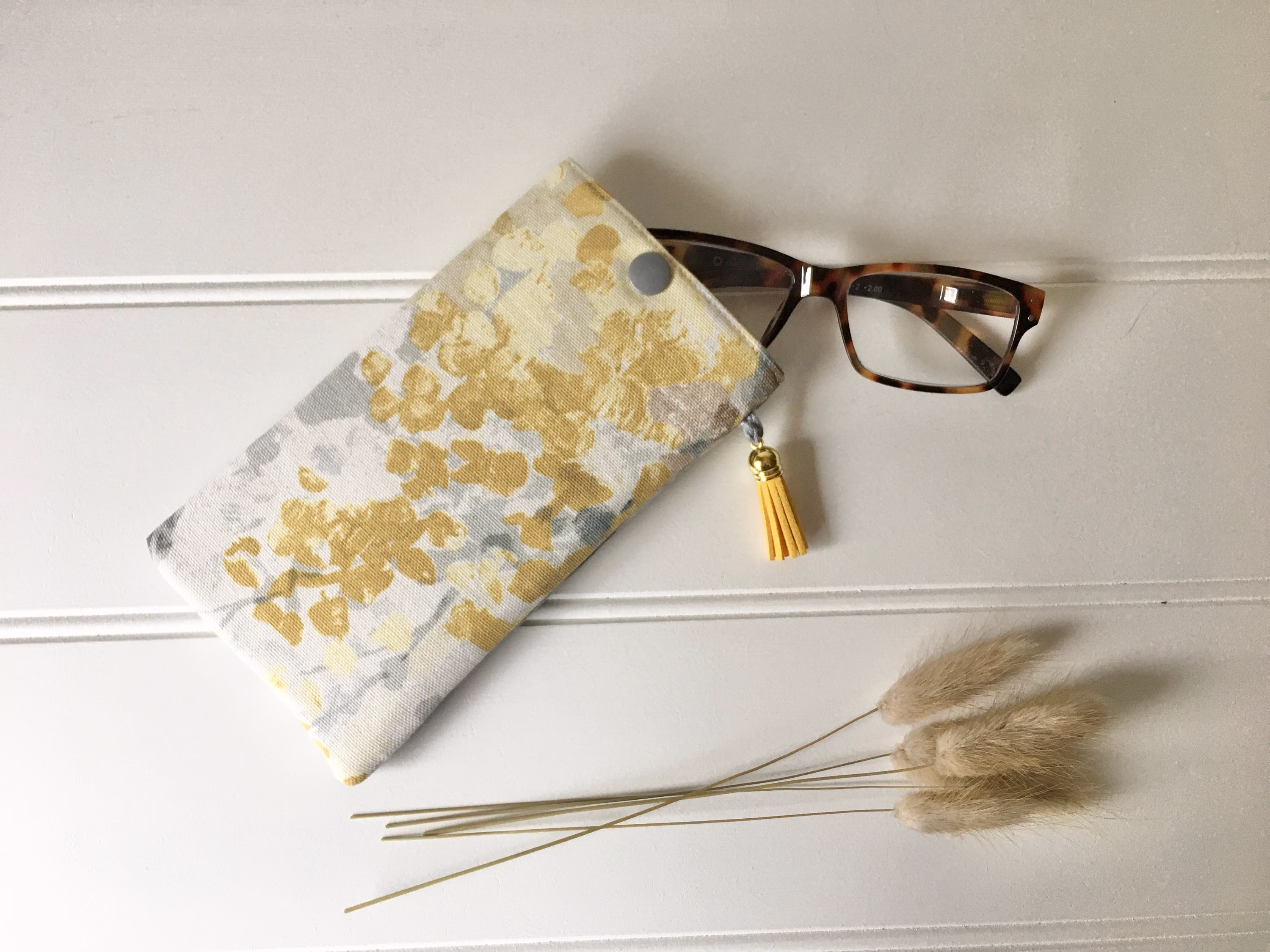 Silver Birch Design Glasses Case With Ochre Coloured Tassel, Soft Case, Pretty Silver Birch Case, Sunglasses Case, Gift For Her