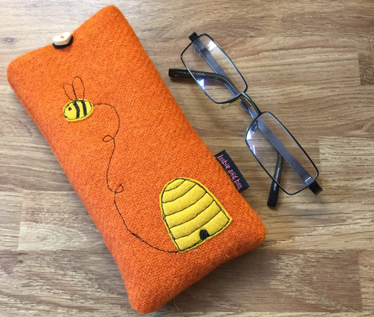 Bee Glasses Case, Orange Harris Tweed Specs Sunglasses Embroidered Bumble Bee, Bee Lover, Beehive