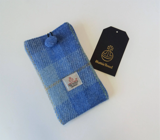 Harris Tweed Glasses, Phone Case/Light Blue Check Handmade