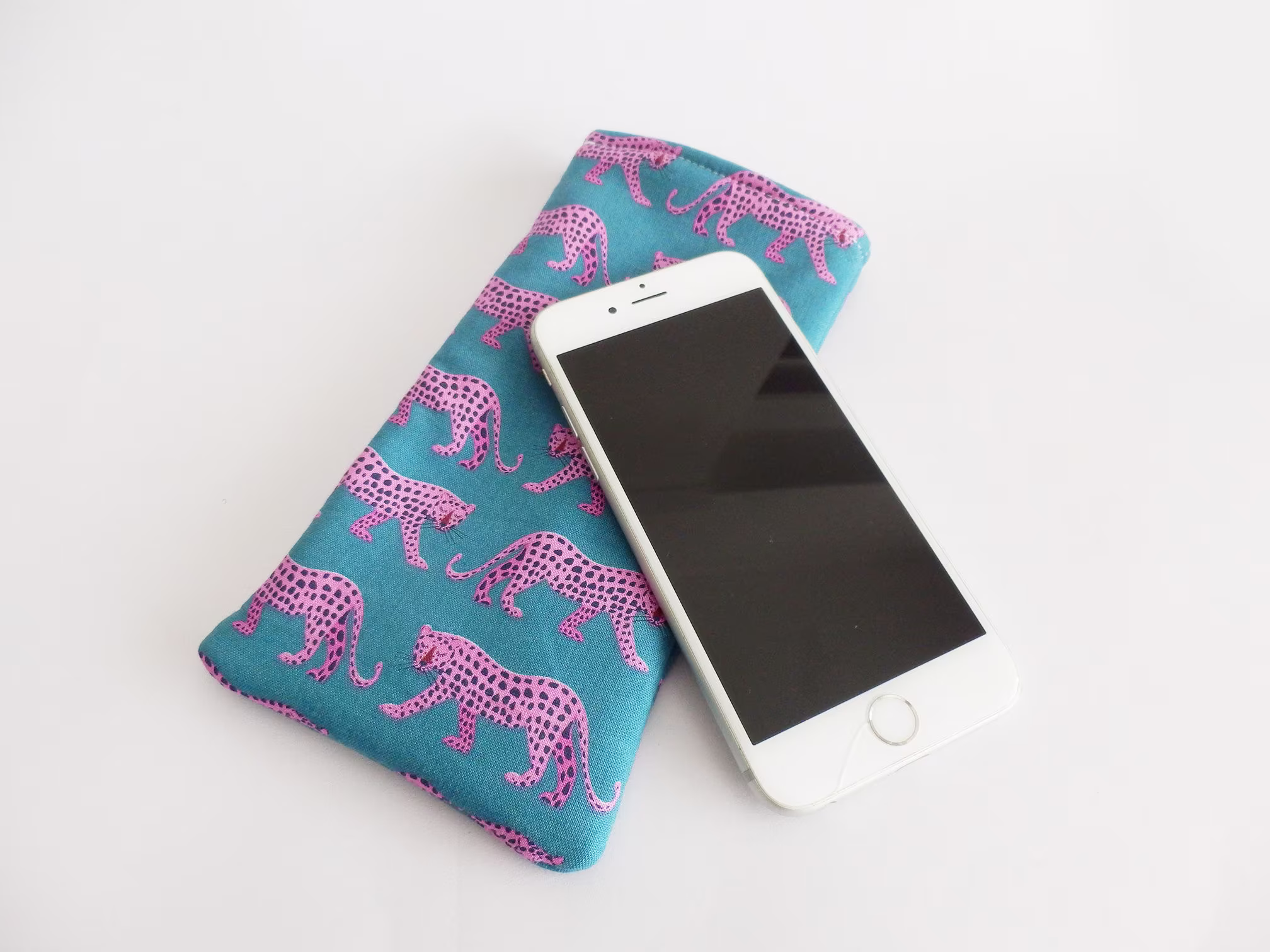 Leopard Glasses Case, Blue & Pink Cotton Leopard Print Fabric, Lover, Gifts For Her, Leopards, Sunglasses Case