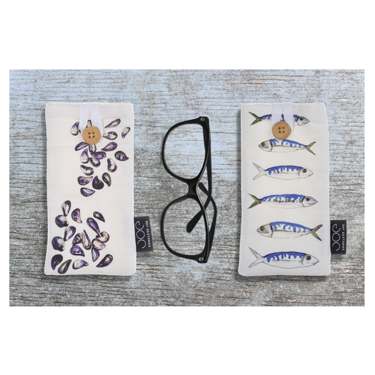 Glasses Pouch/Soft Cotton Fabric Spectacles Case Coastal Design Mussels Or Mackerel Print Lined & Padded Gift For Him, Her