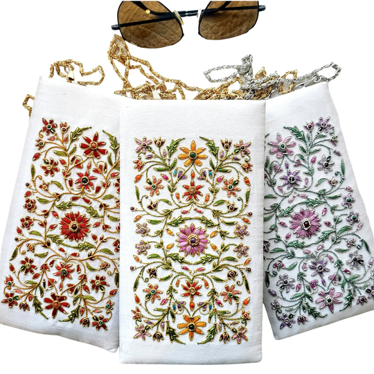 White Slim Crossbody Bag Hand Embroidered With Flowers, Floral Sunglasses Case, Colorful Eyeglasses Zardozi Purse, Phone Sleeve