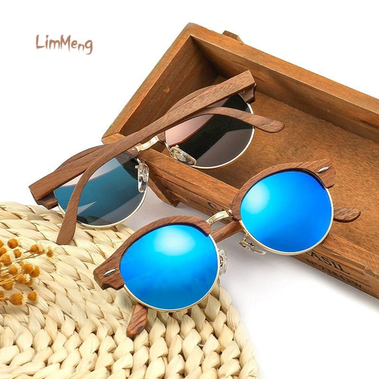 Retro Round Wood Sunglasses For Men & Women, Polarized Uv400 Semi-Rimless, Women's