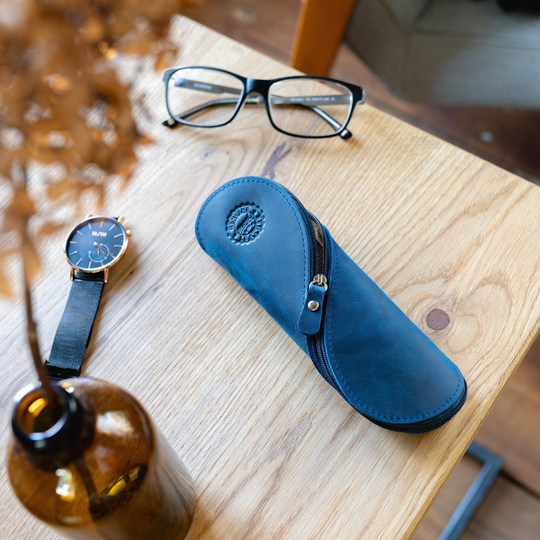 Genuine Leather Glasses Case With Gift Box, Blue, Navy, Personalised