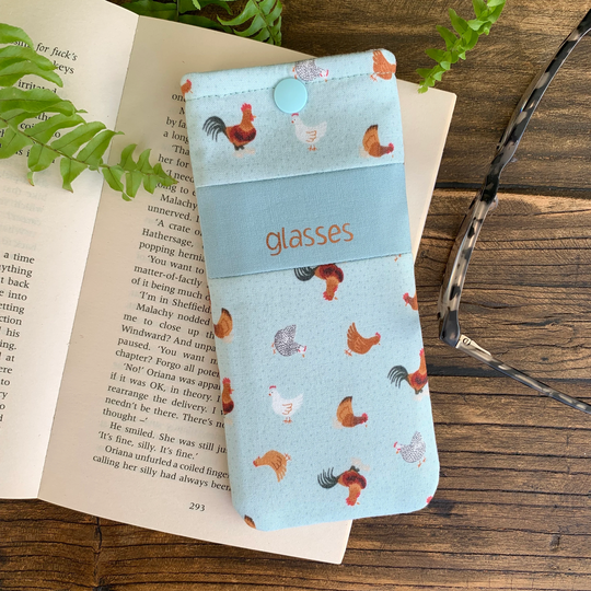 Personalised Chicken Glasses Case Handmade Hen Print Fabric Snap Pouch Bird Gift Idea With Free UK Delivery