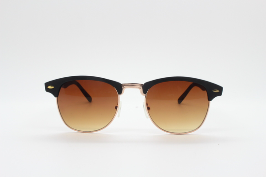 90S Vintage Clubmaster Design Sunglasses. Black 50S, 60S Style Matt Rubber Finish Browline With Gold Half Frame & Brown Lenses. Unused Nos