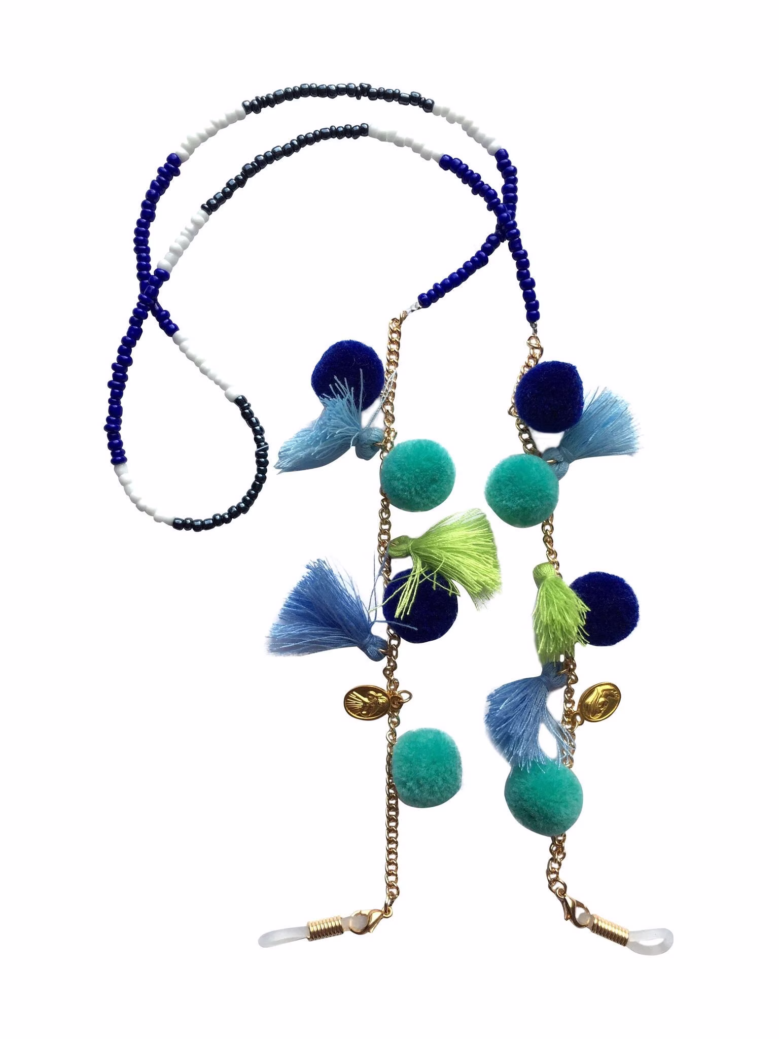 Funky Blue & Green Pom & Tassel Beaded Glasses Sunglasses Chain Strap