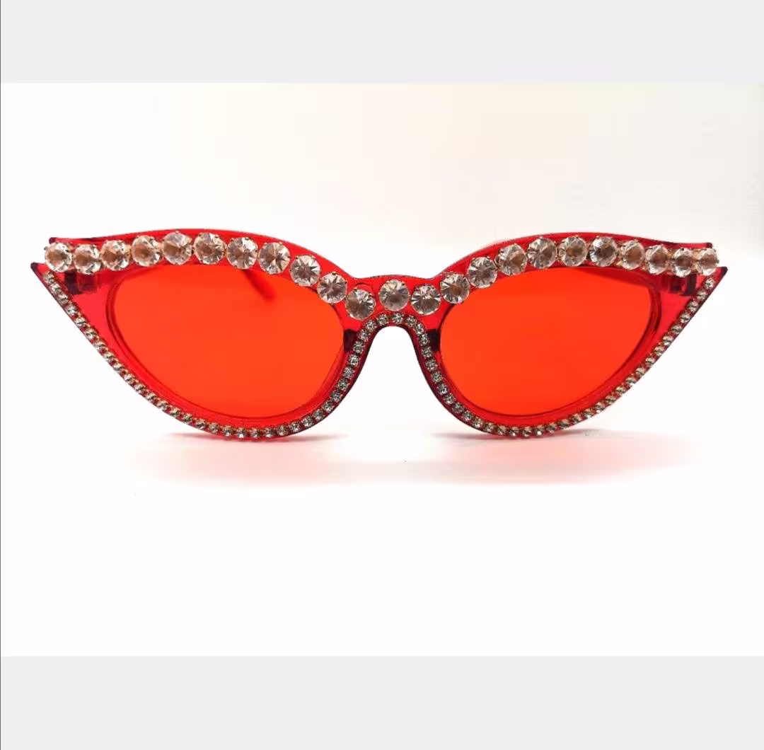 Red Diamante Retro Cat Eye Sunglasses, Womens Vintage Pretty Sunglasses Accessories