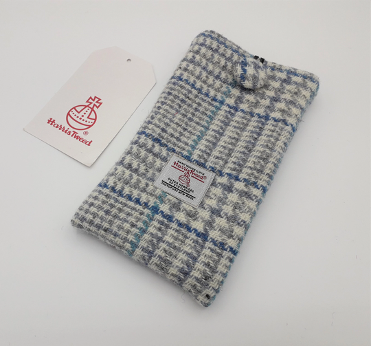 Harris Tweed Glasses, Phone Case /Light Grey, Cream & Blue Check/Handmade