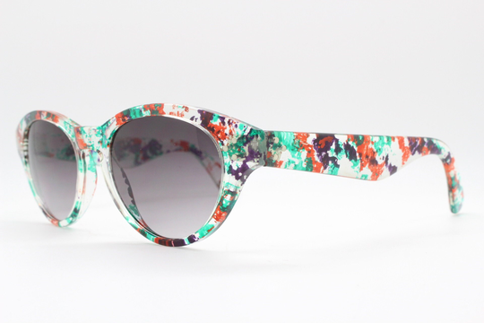 Spectacular Florid 90S Cat Eye Sunglasses Made in France. Transparent Cateye Frame With Multi Coloured Abstract Patterns. Nos