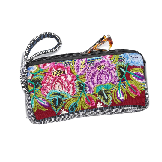 Embroidered Eyeglasses Case Or Phone Holder, Floral Wristlet Purse, Ethnic, Clutch, Wine Colour Boho Bag, Hippie Purse