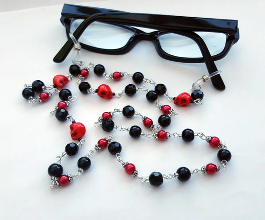 Glasses Chain, Spectacles Eyeglass Beaded Gothic, Red Skulls, Black Beads