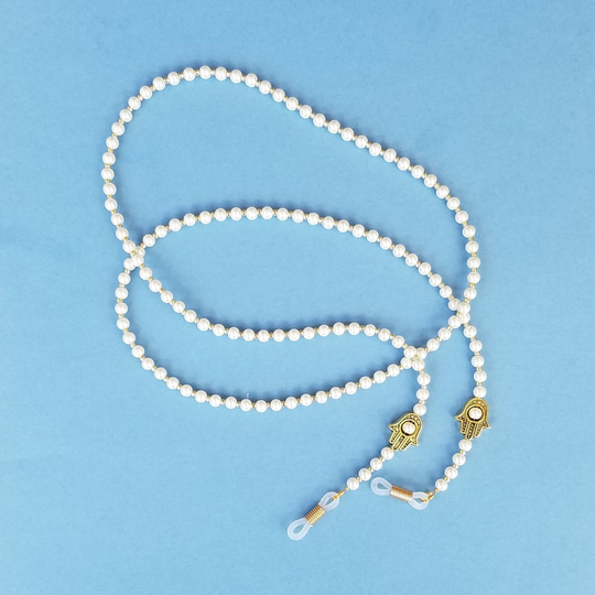 Hamsa Pearl Eyeglass Chain - Glasses Holder White Golden For Women Handmade Gift