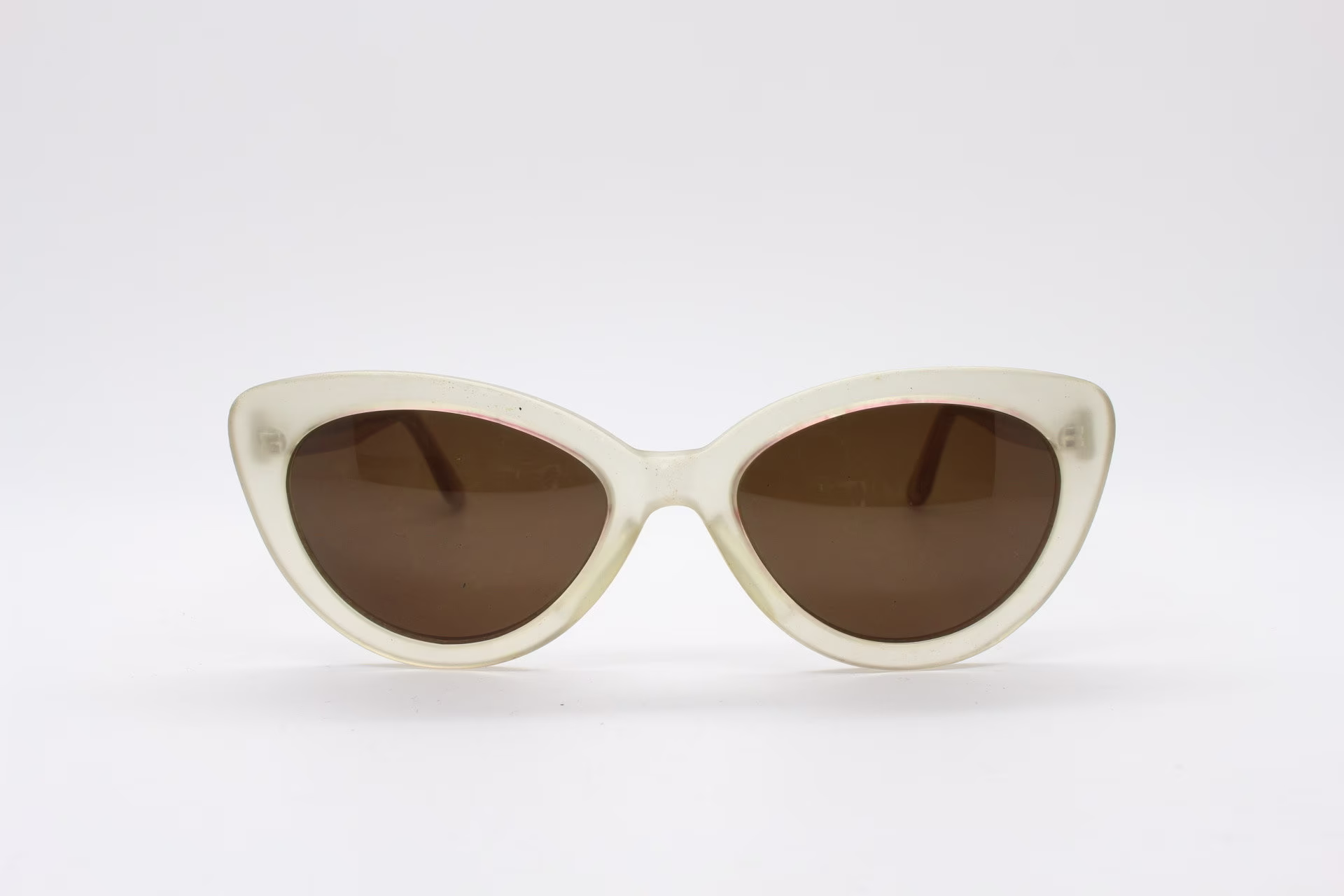 F Sottile 90S Vintage Cat Eye Sunglasses Model Marina Hand Made in Italy. Transparent Frosted Cateye With Contrasting Brown Lenses. Nos