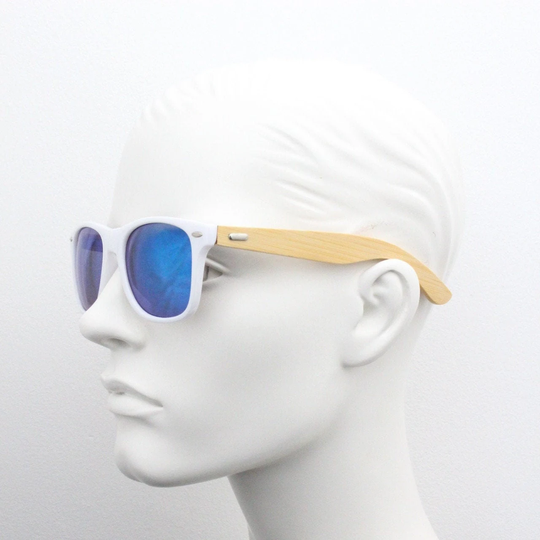 Vintage Y2K Modified Wayfarer Style Hand Made Sunglasses. All Time Classic Design in White With Real Wooden Arms & Blue Mirror Lenses. Nos