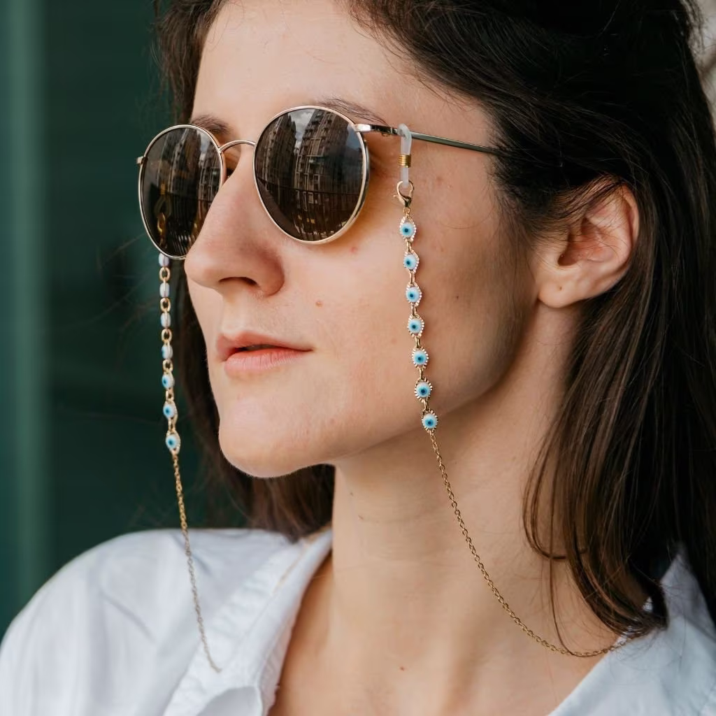 Gold Evil Eye Protection Summer Mask & Eyeglass Lanyard, Turkish Reading Sunglass Chain Holder, Glasses Detachable Lanyard