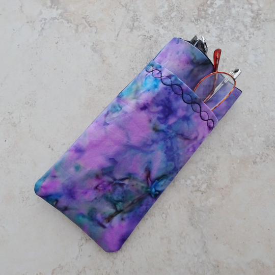 Double Eyeglass Case, Purple Batik Fabric Glasses Case For 2 Pairs Of Glasses, Sunglasses & Reader Glass Tropical