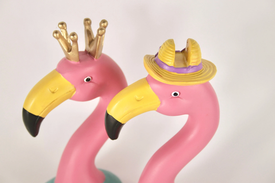 Twin Set Pink Flamingo Eye Glasses Holders/Stands With Straw Hat & Gold Crown