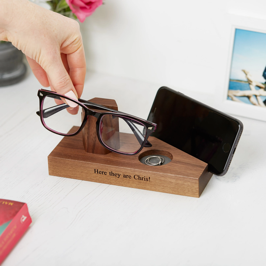 Personalised Walnut Bedside Glasses & Phone Stand With Ring Dish/Personalized Holder Gift For Him Her