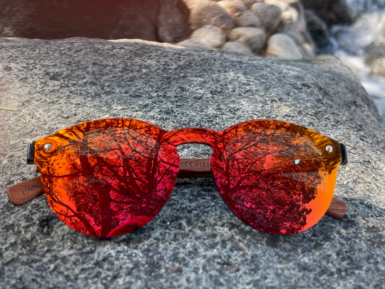 Canyon Red Cypress. Zebra Wood Arms. Polarized Round Lenses
