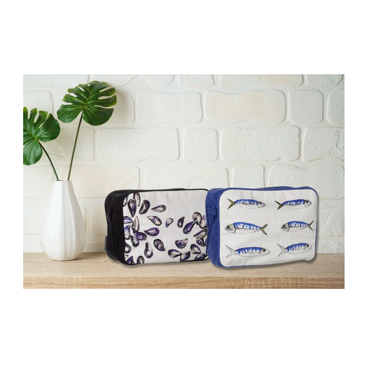 Cotton Canvas Wash Bag 25 X 18 10cm/Zipper Pouch Mackerel Or Mussels Print For Men & Women Travel Toiletries