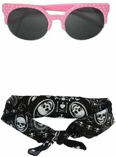 Pink Polkadot 50S Retro Sunglasses Uv400 Vintage Style + Black Skull Bandana