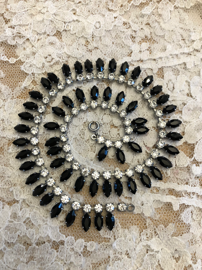 Retro Necklace, Art Deco 1950's Diamanté French Jet Glass Cased Paste Necklace, Vintage, Collar
