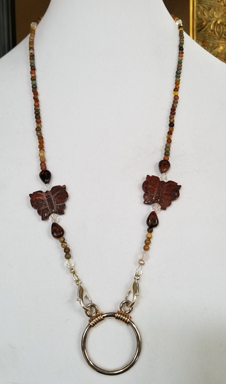 Eyeglass Necklace With Ring, Chain, Natural Stone Jewelry, Butterfly Jewelry