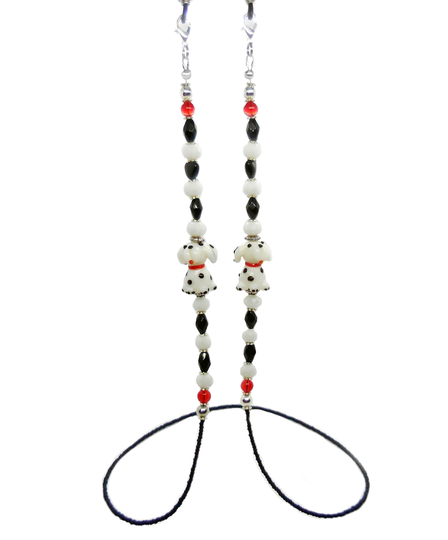 Dogs Beaded Eye Glass Chain, Glasses Lanyard, Black White & Red, Lampwork Beads, Seed Beads, Silver Tone Findings, 30 In