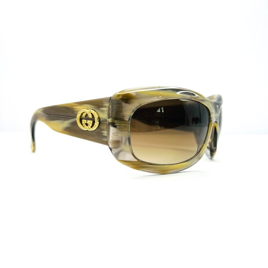 Gucci Sunglasses Gg Logo Oversized Rectangle Chunky Gold Monogram Light Khaki Green Brown Tinted Lens 2971/S Vintage Authentic Y2K 90S
