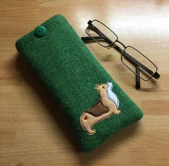 Corgi Glasses Case, Green Harris Tweed Specs Sunglasses, Sunnies, Appliqued Spectacles Corgi Lover, Dog Lover Gift, Mum