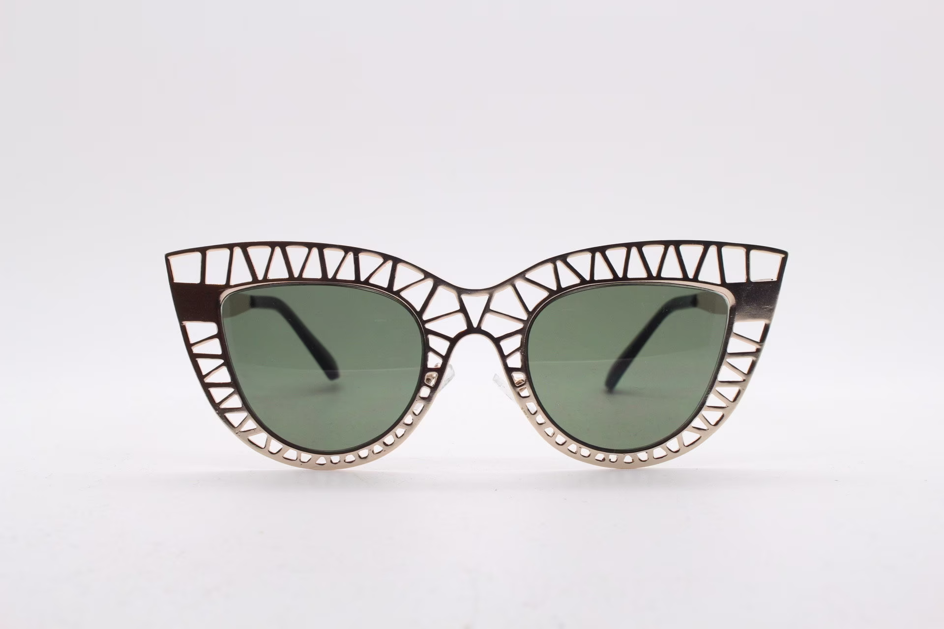 Y2K Vintage Metal Cat Eye Sunglasses. Women's Extraordinary Gold Cut Out Lattice Scaffold Cateye Frame With Green Lenses. 2000S. Bnwt