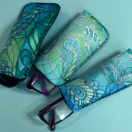 Green Butterfly Soft Glasses Case - Mint & Turquoise Protective Spectacles Pouch Fabric Slip On Reading For Pocket Or Handbag