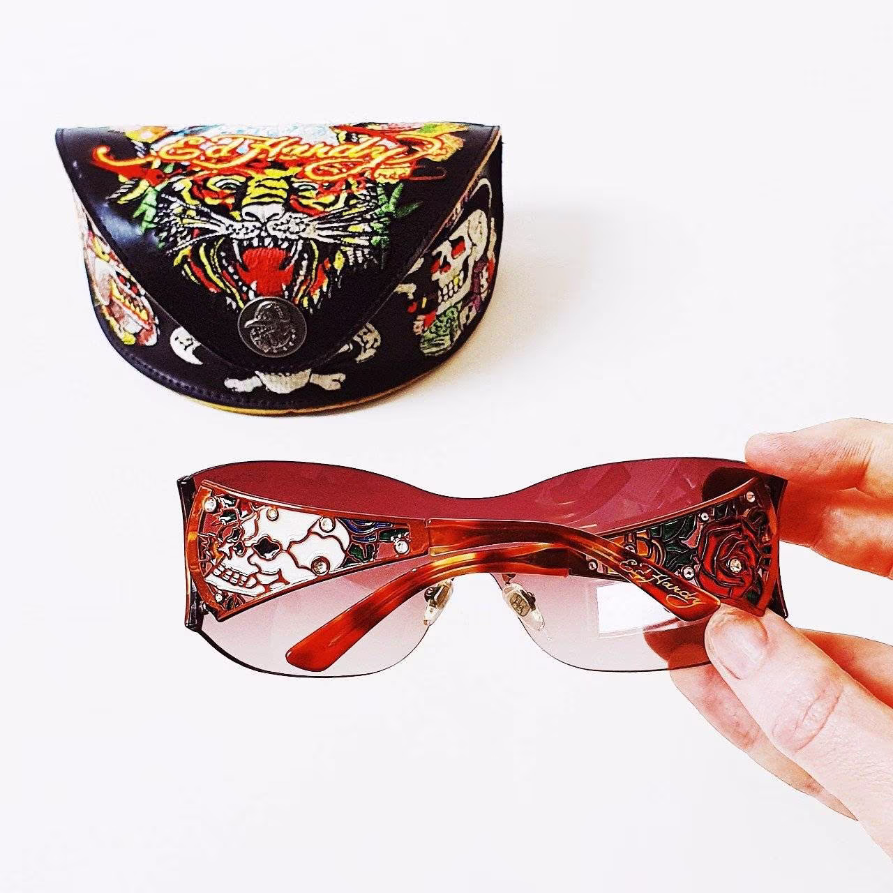 Vintage Y2K Unisex Oversized Ed Hardy Sunglasses/Christian Audigier Sunglasses. Crazy Diamanté Studded Skull & Rose Detailing