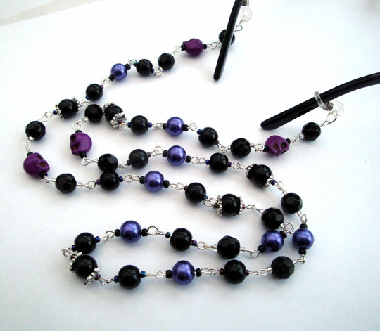Glasses Chain, Spectacles Chain Holder, Beaded, Gothic Skulls, Black & Purple