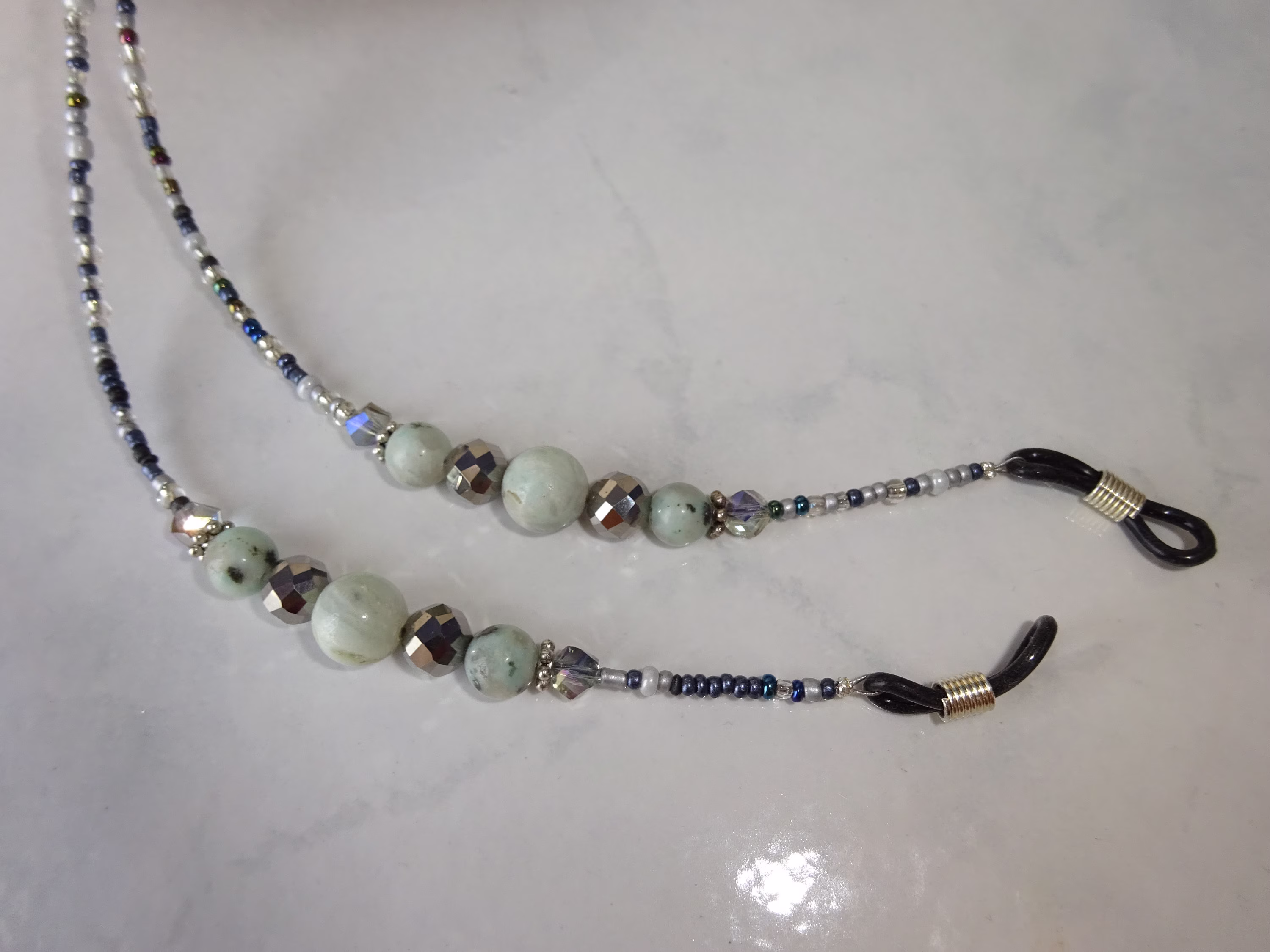 Beaded Eyeglass Holder Aqua Silver Chain Handmade Kiwi Rounds